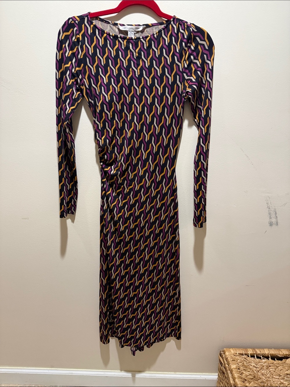 Diane Von Furstenberg Long-Sleeve Geometric Midi Dress in Purple and Gold